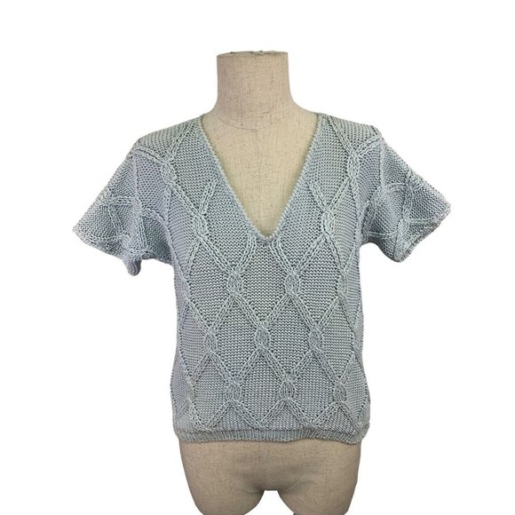 John Bull London Sweaters - Vintage 80s Sweater Medium Short Sleeve Cottagecore Grannie Light Blue John Bull